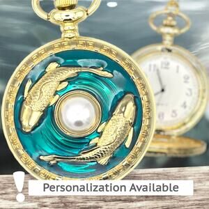 Golden Koi Pendant Watch - Enamel Pearl Accent Pocket Necklace, Zen Nature Gift